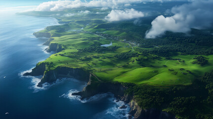 An aerial view captures the essence of a peninsula's beauty, where rolling hills fade into dramatic coastal cliffs, and the vibrant ocean creates a stunning border against the land