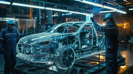 Fototapeta premium Fullbody engineers repairing Car with information hologram by VR headset, Virtual car, Full body, dramatic light studio, hyper-realistic, on a factory background
