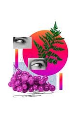 Vertical art creative trend collage of headless girl eyeball look herbal branch leaves organic...