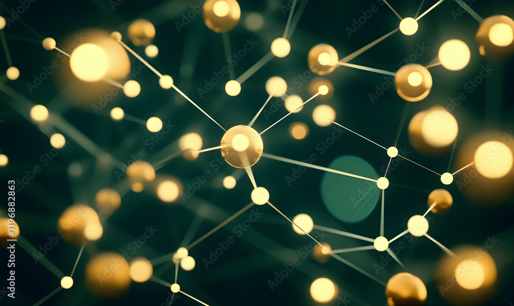 Poster abstract network connection, glowing spheres linked by lines, dark teal background. perfect for tech