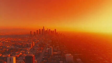 Naklejka premium An orange skyline with a hazy sunrise, urban sprawl extending outward, intense glow mixing with environmental smoke, evoking dramatic atmosphere.