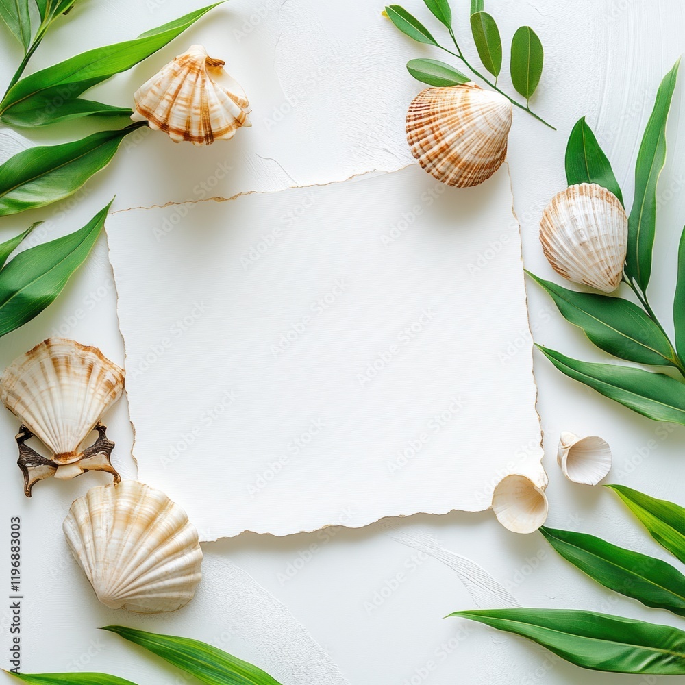 Poster decorative arrangement with seashells and green leaves providing ample space for text or design elem