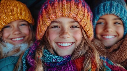 Happy girls in winter hats, smiling outdoors.  Perfect for winter fashion or family blogs