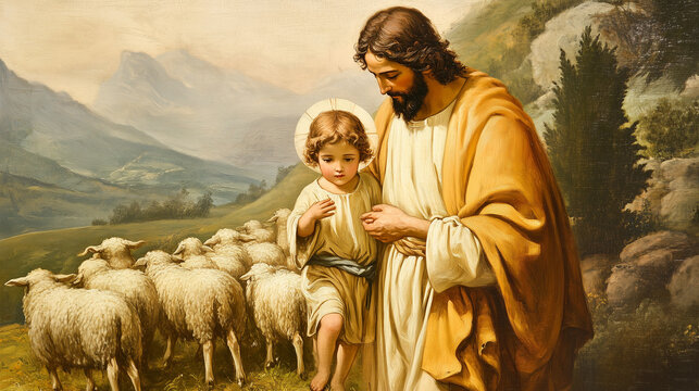 Little Jesus Christ and Saint Joseph pasturing sheep