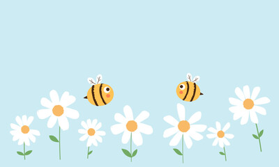 Daisy icon set and bee cartoons on blue background vector.