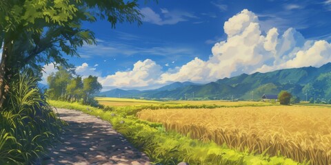Obraz premium Golden Wheat Field Under Sunny Sky . Anime style