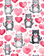 Fun Valentine's Day seamless pattern, cartoon-style, motifs of cute animals like cats and bears holding hearts, pink and red color palette, playful and joyful atmosphere.