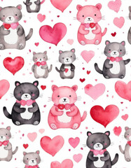 Fun Valentine's Day seamless pattern, cartoon-style, motifs of cute animals like cats and bears holding hearts, pink and red color palette, playful and joyful atmosphere.