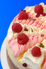 close up Elegant Raspberry-Topped Cheesecake with Dual-Tone Whipped Cream