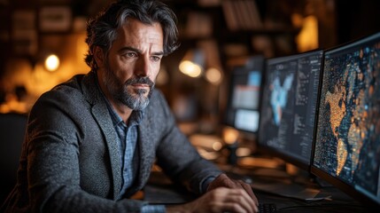 Fototapeta premium Focused Man Working Late, Data Analysis, Office