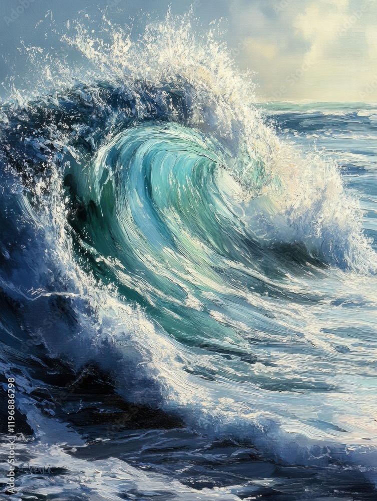 Poster majestic ocean wave crashing against the shoreline during sunset creating a beautiful display of nat