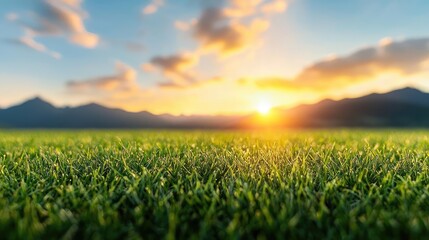 Sunset over mountain range, green grass foreground, peaceful landscape, nature photography, ideal for travel brochures