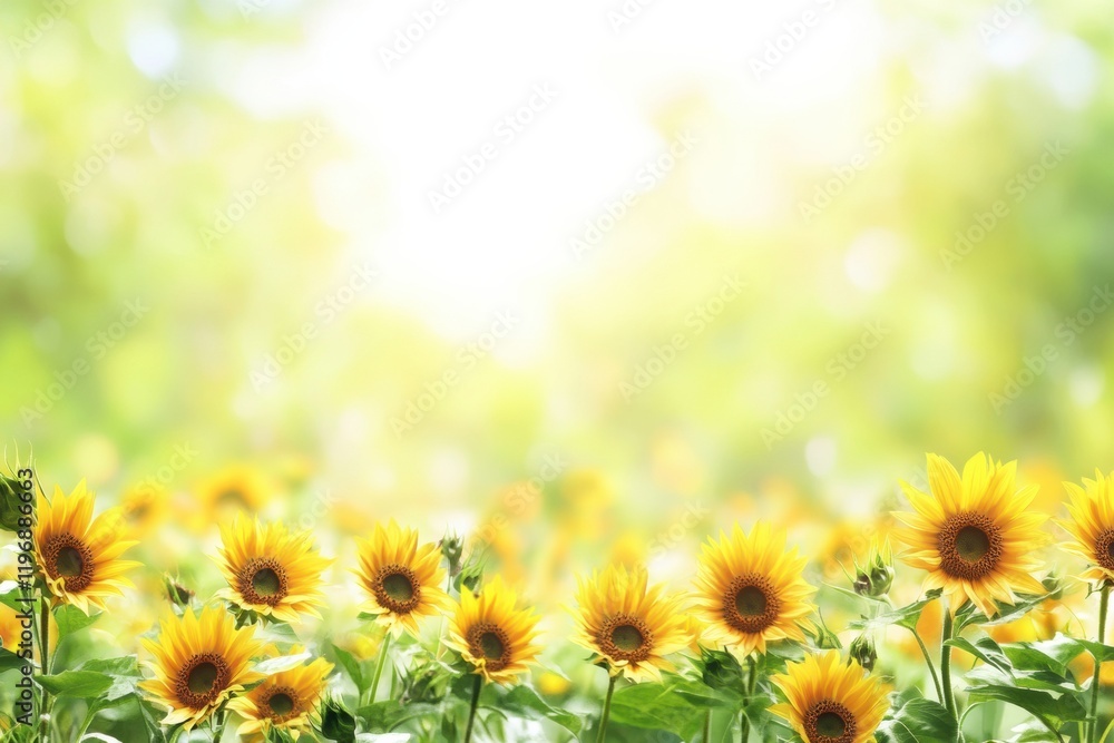 Fototapete Bright sunflower field with empty space for text and bright background for creative use in design. Generative AI