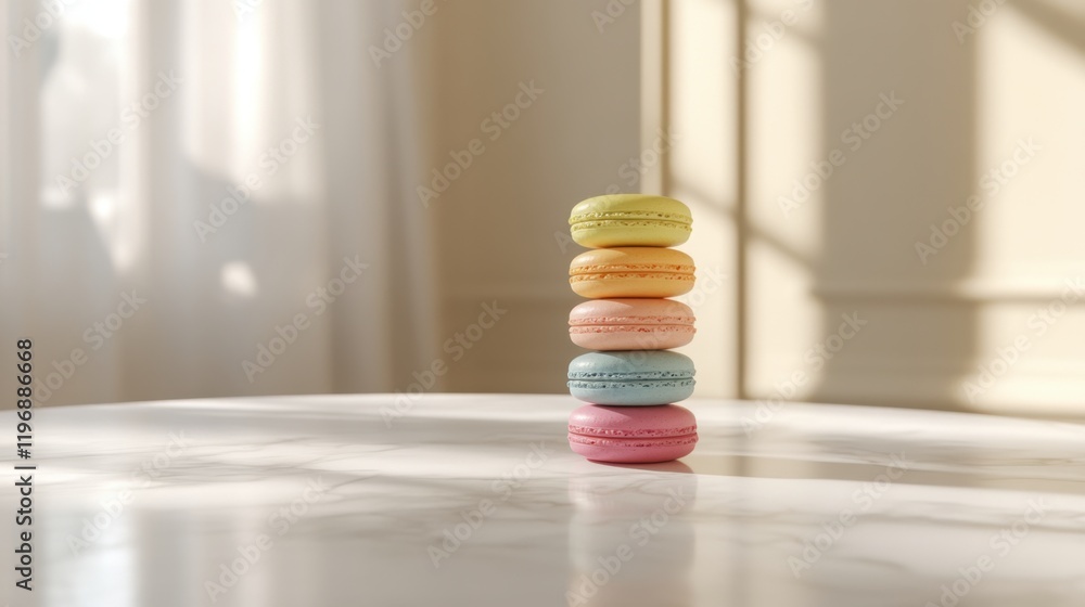 Poster colorful macarons stacked on a marble table with natural light filtering through a window in a cozy 
