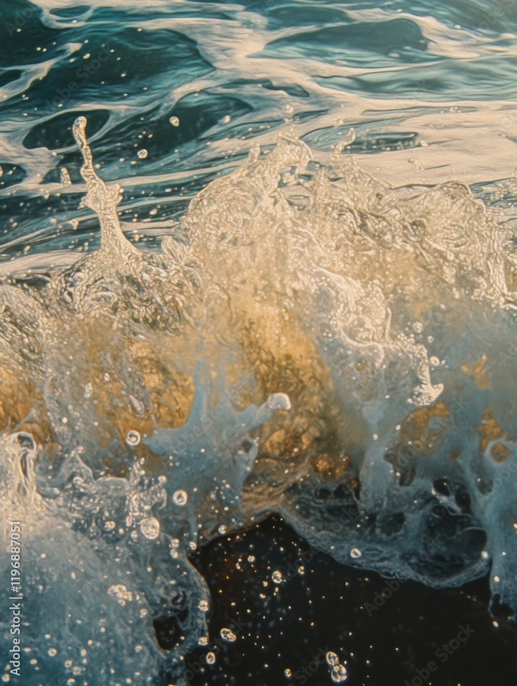 Poster waves crashing on the shore creating splashes in the sunlight at a tropical beach. generative ai