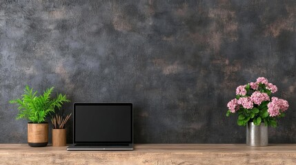 Laptop on wooden desk, plants, textured wall; home office workspace