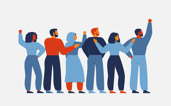 group of different people stand together for human rights and freedoms. Men and women fight and protest for equality and inclusion.   Community unity, friendship and support concept