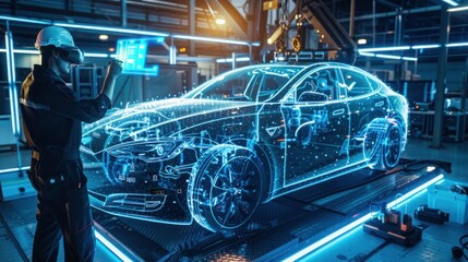 Fototapeta premium Fullbody engineers repairing Car with information hologram by VR headset, Virtual car, Full body, dramatic light studio, hyper-realistic, on a factory background
