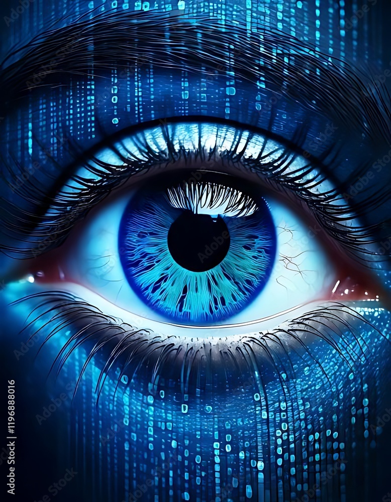 Poster blue eye is overlaid with digital binary code in futuristic style.