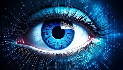 Blue eye is overlaid with digital binary code in futuristic style.