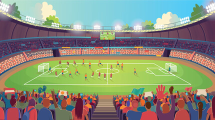 Soccer stadium. A large stadium arena with fans and a soccer field. Soccer field and fans. Soccer fans cheer their team. © NADEZHDA