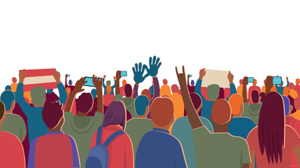 Football fans crowds. Soccer fans cheering their team with colorful flags at crowded stadium. Cartoon vector isolated on white background.