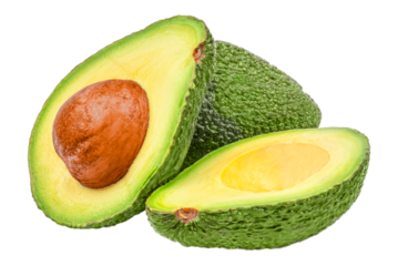 Fresh whole, half and sliced avocado isolated on white background. Organic Avocado. Healthy vegetarian diet