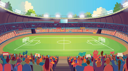 Soccer stadium. A large stadium arena with fans and a soccer field. Soccer field and fans. Soccer fans cheer their team. © NADEZHDA