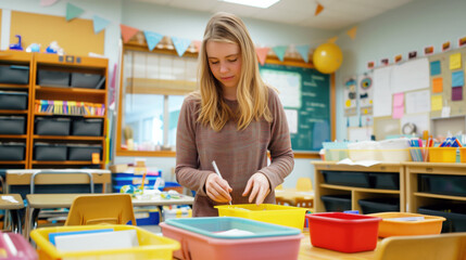 An elementary school teacher preparing a tidy classroom for the new school year, organizing desks and placing supplies, symbolizing anticipation for a January start.