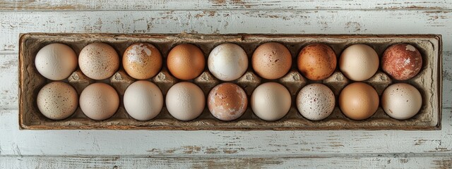 Close-up view of raw chicken eggs in egg box on white wooden background