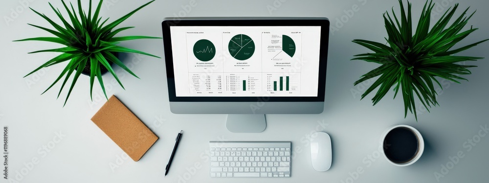 Aufkleber modern workspace setup with desktop computer, graphs, plants, and notebook for business analytics an