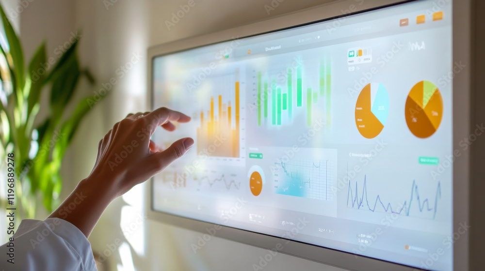 Poster interactive touchscreen display showcasing data analytics in a modern office environment