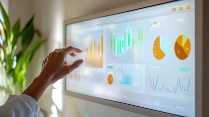 Interactive touchscreen display showcasing data analytics in a modern office environment