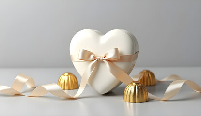 Golden candies surrounding beige ribbon gracefully tying heart shaped white gift box, symbolizing romantic Valentine's Day celebration