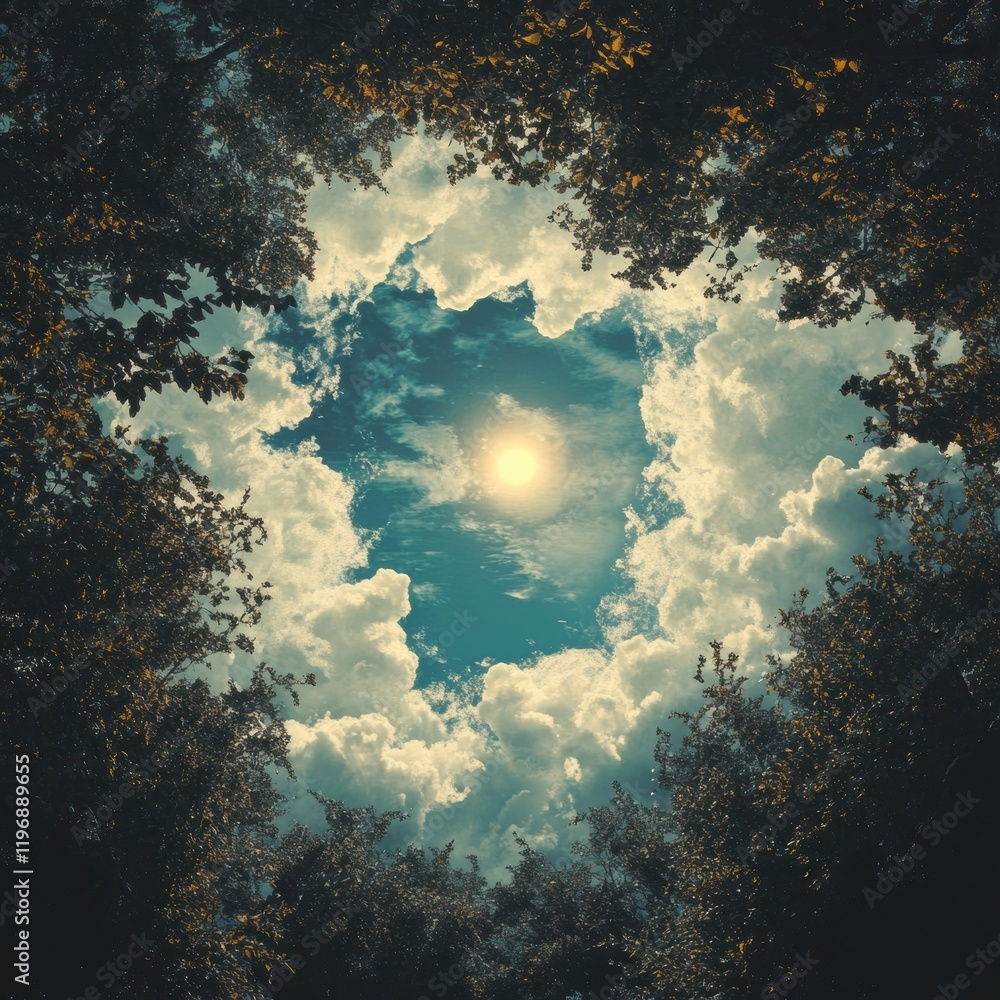 Poster sunlight breaks through fluffy clouds framed by lush green trees in the serene afternoon sky. genera