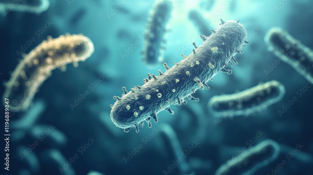 Poster microscopic view of bacteria with detailed structure and vibrant coloration in a scientific represen