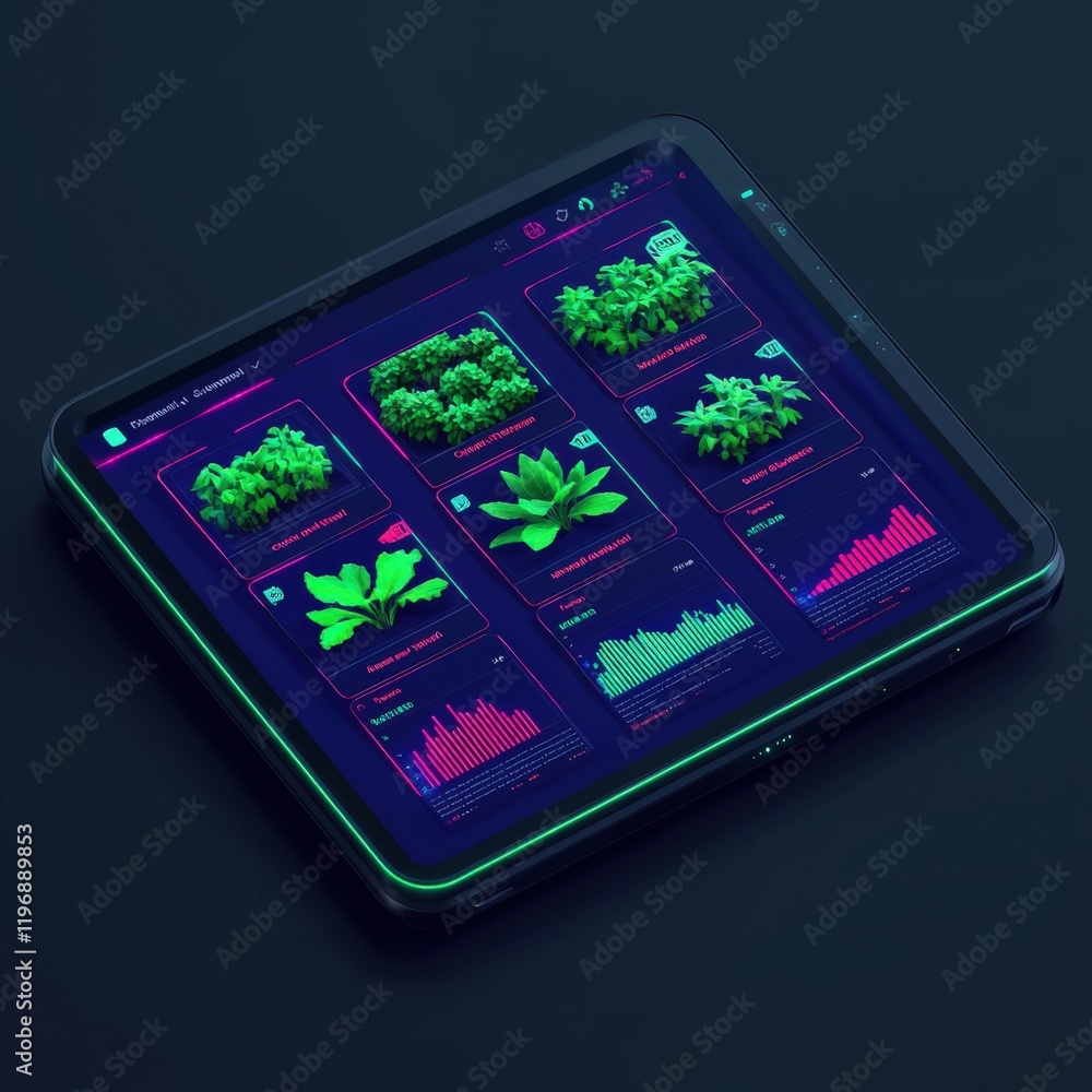 Poster futuristic tablet interface displaying green plant data with vibrant graphics and modern design elem