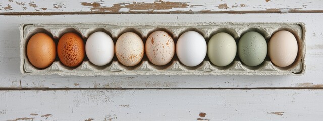 Close-up view of raw chicken eggs in egg box on white wooden background