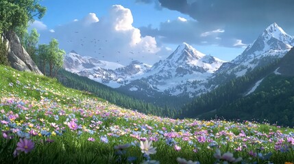 Vibrant wildflowers bloom in a lush alpine meadow, majestic snow-capped mountains in background.