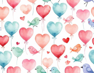 Cute seamless pattern with Valentine's symbols, candy hearts, chocolates, balloons, and lovebirds, soft pastel tones, playful and charming design.