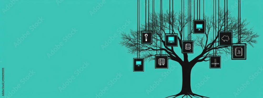 Poster digital tree with hanging frames illustrating technology and innovation concepts on a turquoise back