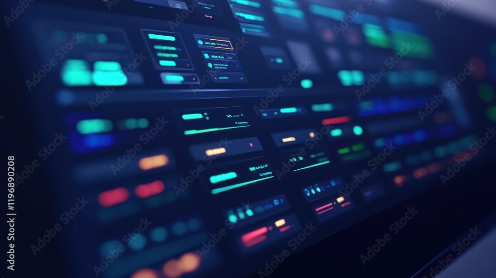 Aufkleber futuristic control panel interface with vibrant neon lights and high-tech buttons for digital applic