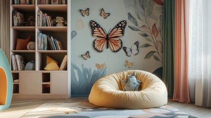 A butterfly-themed room with butterfly wall art, a pastel-colored bookshelf, and a soft, comfy beanbag chair.