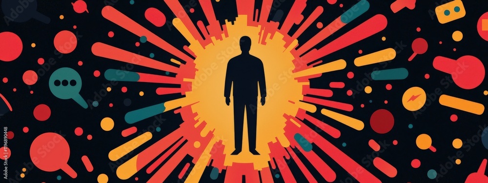 Poster silhouette of a person against a burst of colorful shapes and patterns representing ideas and innova