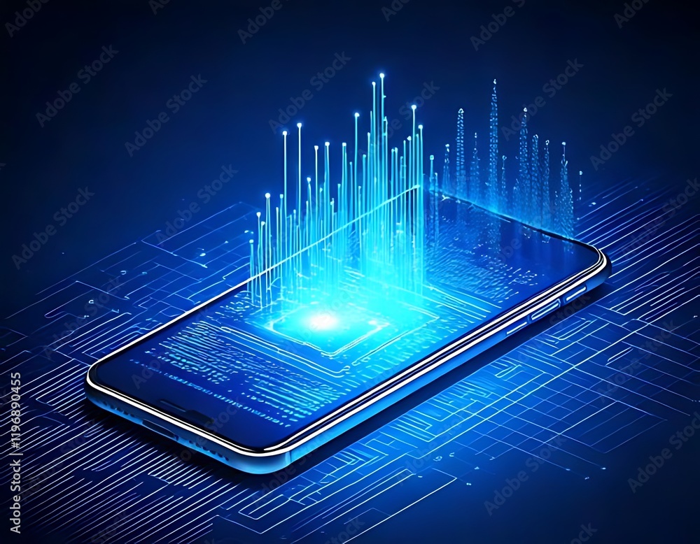 Poster smartphone emits light and data lines, placed on circuit board backdrop.