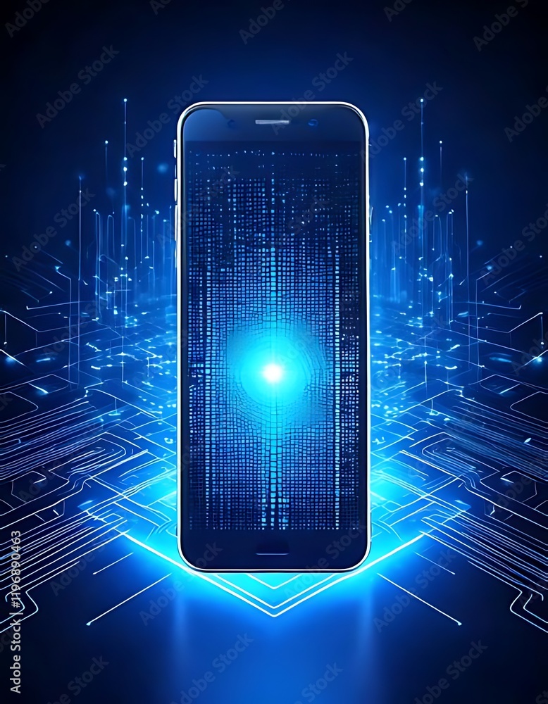 Poster smartphone emits light and data lines, placed on circuit board backdrop.
