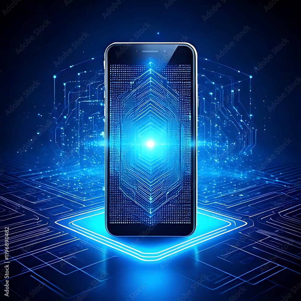 Poster smartphone emits light and data lines, placed on circuit board backdrop.