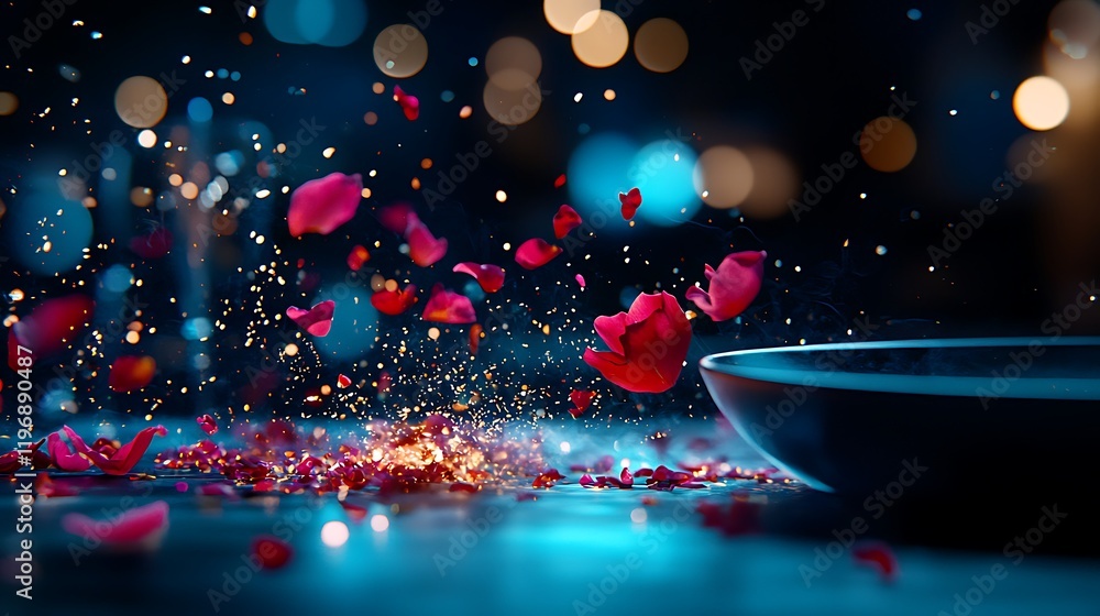 Poster elegant dinner table set for two with delicate petals and soft twinkling lights creating a romantic 