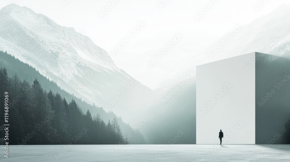 Poster mysterious white structure in serene mountainous landscape with lone figure gazing in contemplation.