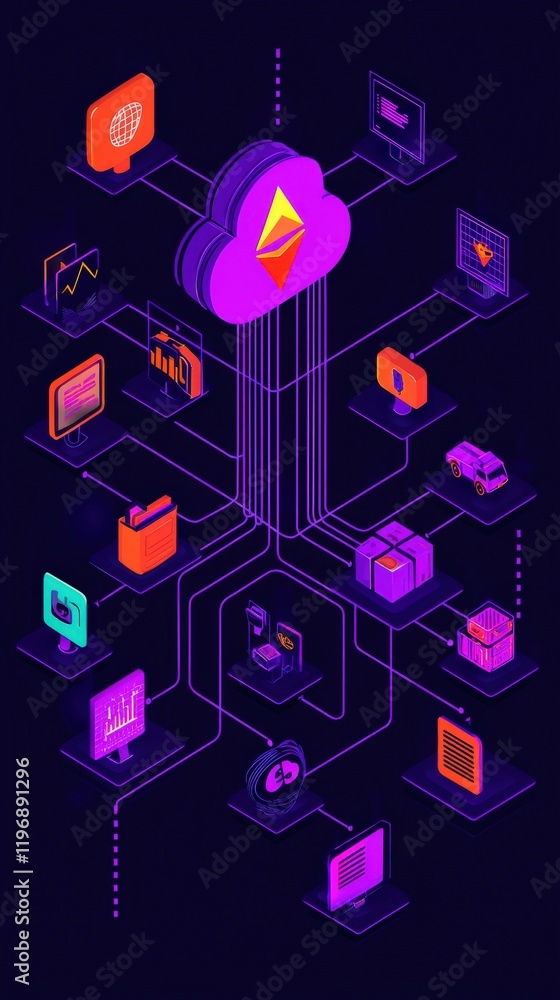 Poster cloud computing illustration with digital iconography representing data flow and technology concepts